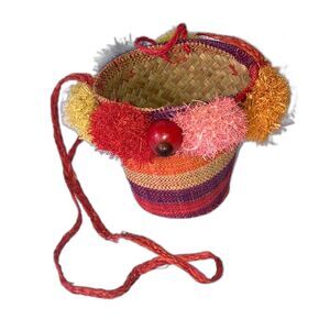 POM POM Mini Crossbody Straw Bucket Back Colorful Fun 5.75 x  5 inches